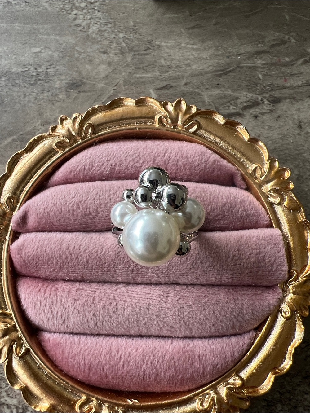 Silver plated silver and Pearl Cluster Ring size 9  fashion jewelry